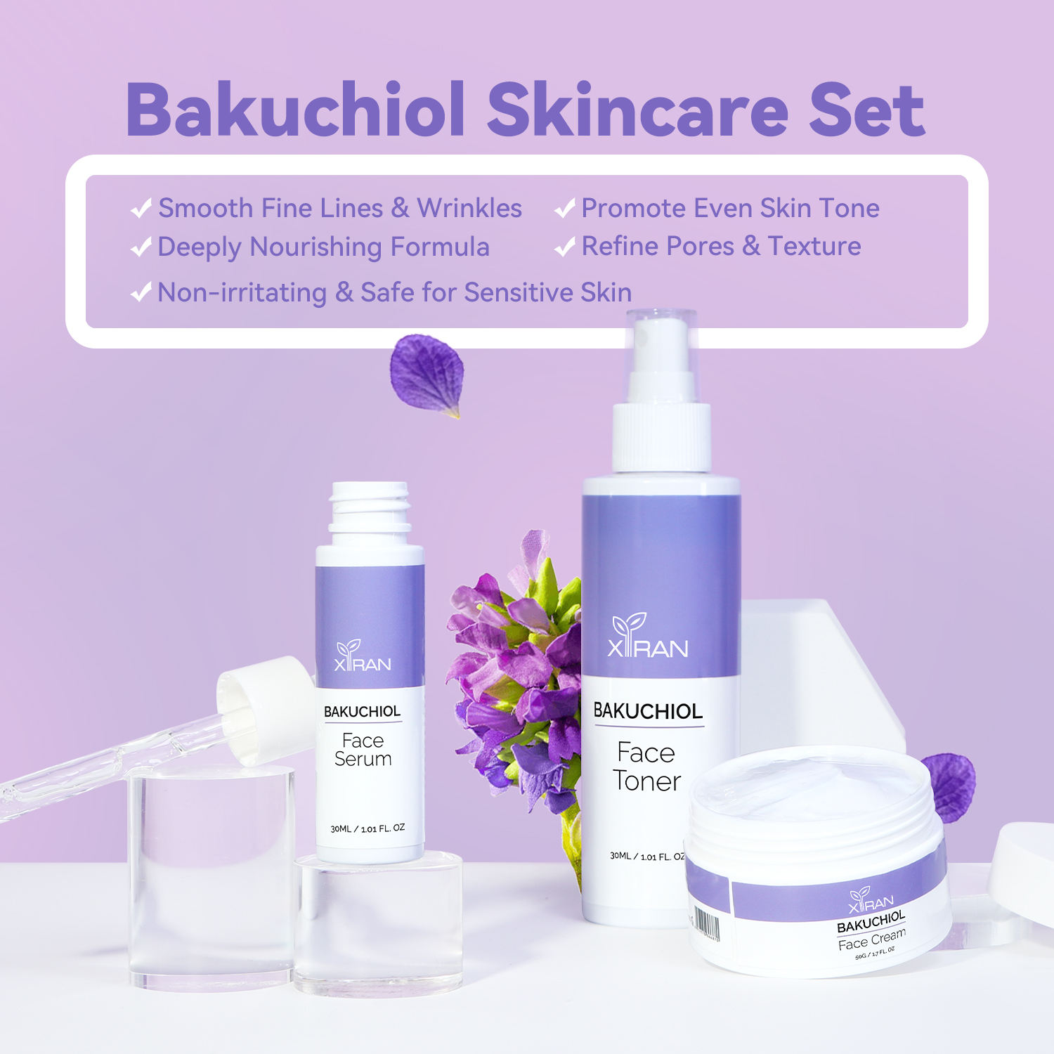 private label smooth fine lines & wrinkles bakuchiol skincare set